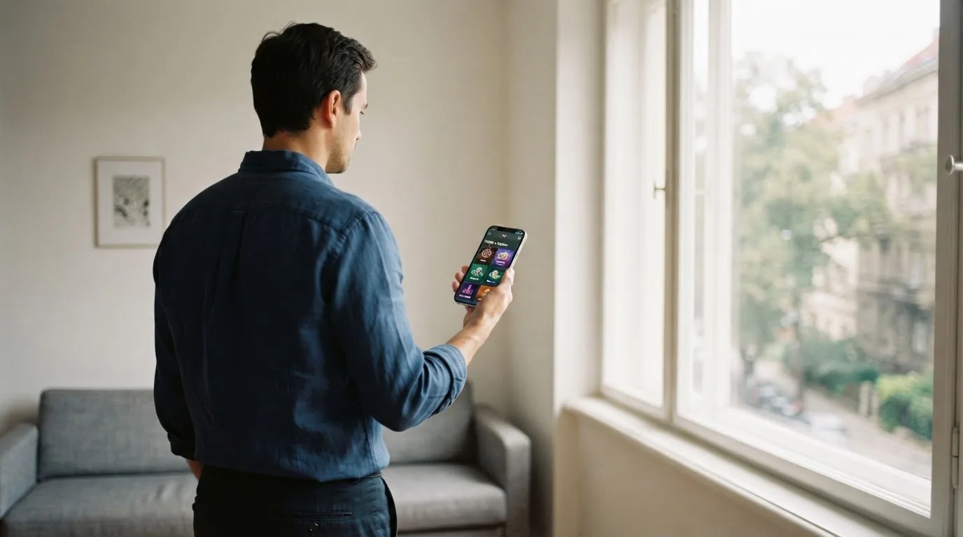 Muž v obývacím pokoji drží telefon a zamyšleně hledí z okna za dne.