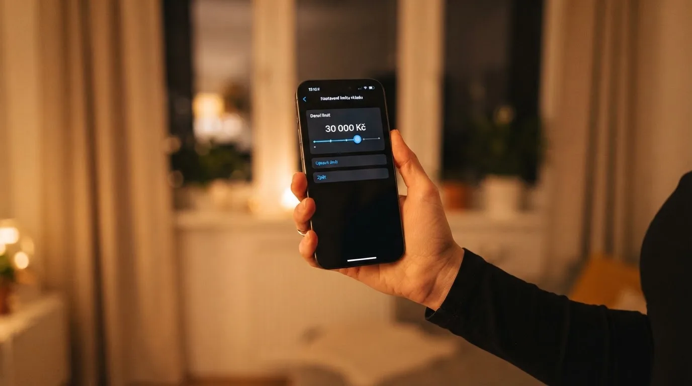 Ruka drží chytrý telefon u okna, klidné večerní světlo — bezpečné zahraniční casino pro české hráče