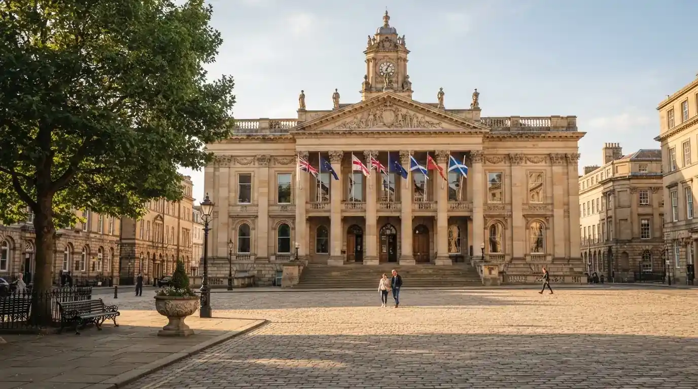 Historická úřední budova s vlajkami na slunečném náměstí — bonus za založení účtu casino