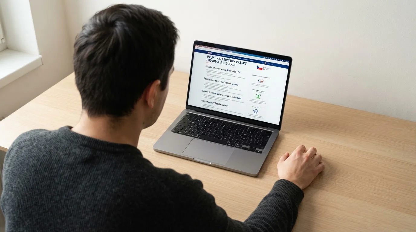 Člověk u notebooku čte informační stránku o online hazardu v Česku — casina bez nutnosti vkladu s bonusem