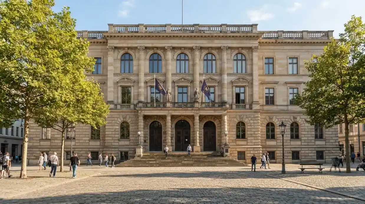 Historická úřední budova s vlajkami na slunečném náměstí — casina online bez ověření totožnosti