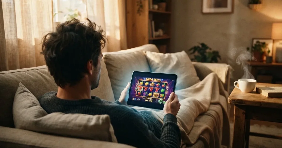 Hráč na gauči s tabletem, šálek kávy na stolku, teplé světlo — casina promo kód bez vkladu