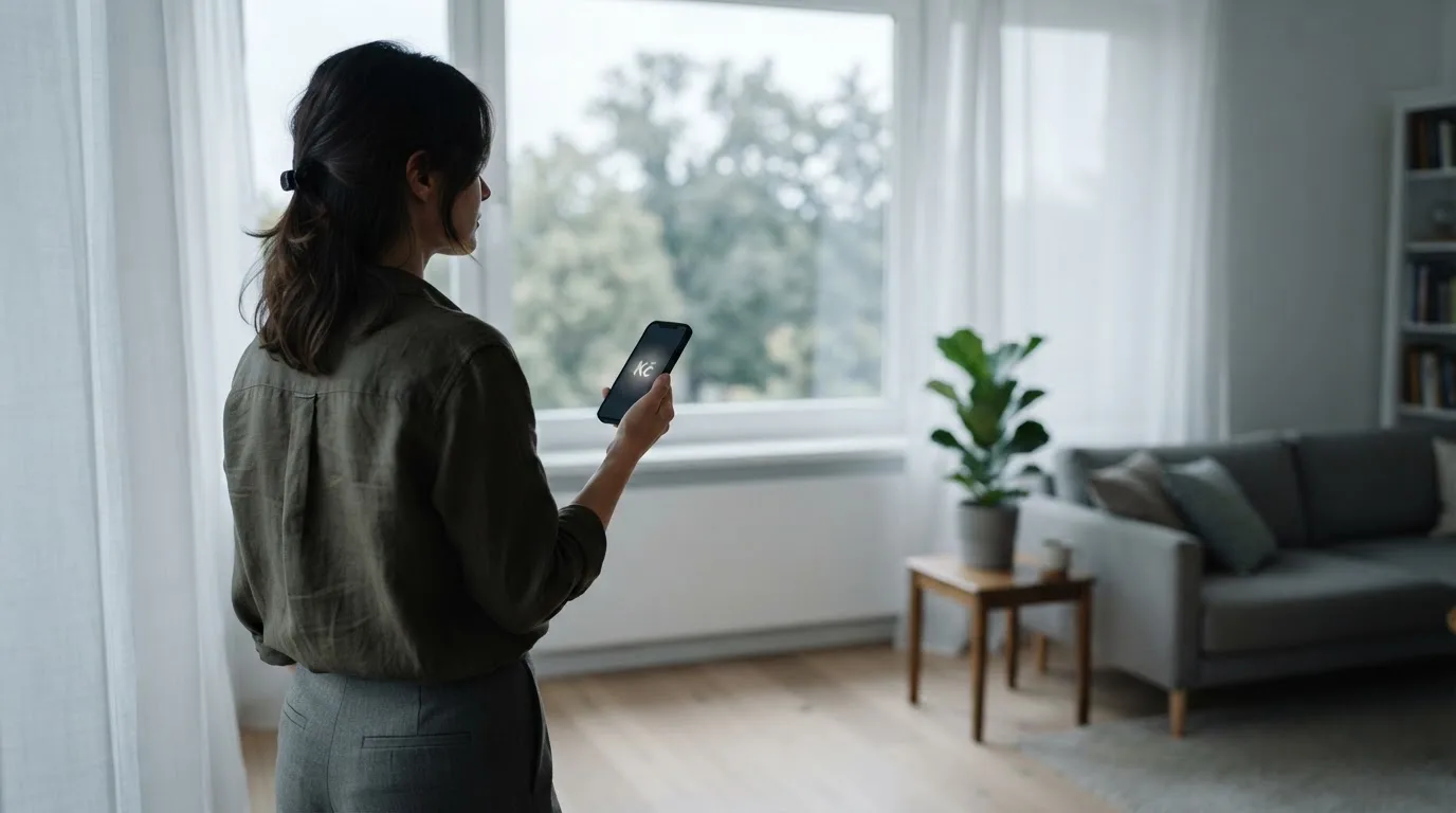 Žena v obývacím pokoji drží telefon a zamyšleně hledí z okna za dne.