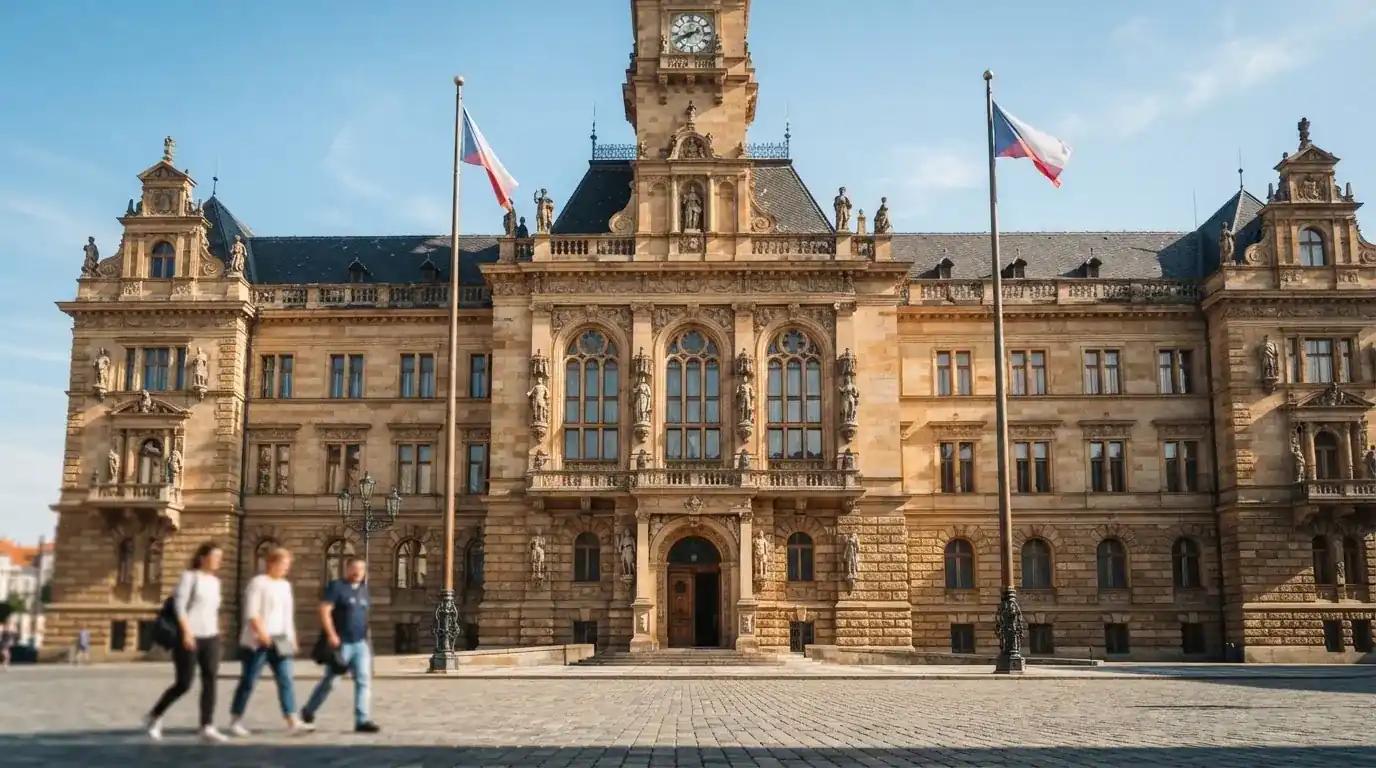 Historická úřední budova s vlajkami na slunečném náměstí — casino minimální vklad 1, 5, 10 euro