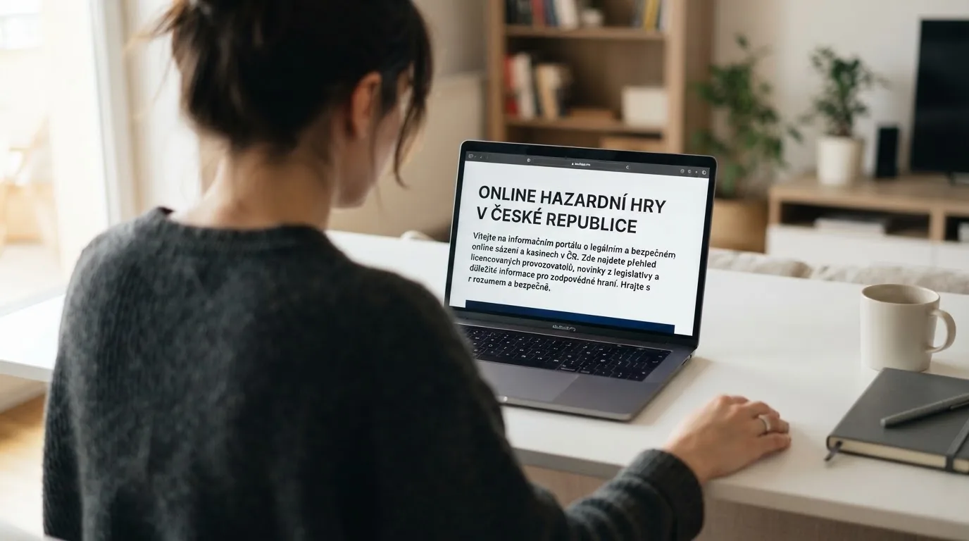 Člověk u notebooku čte informační stránku o online hazardu v Česku — casino minimální vklad 100 kč