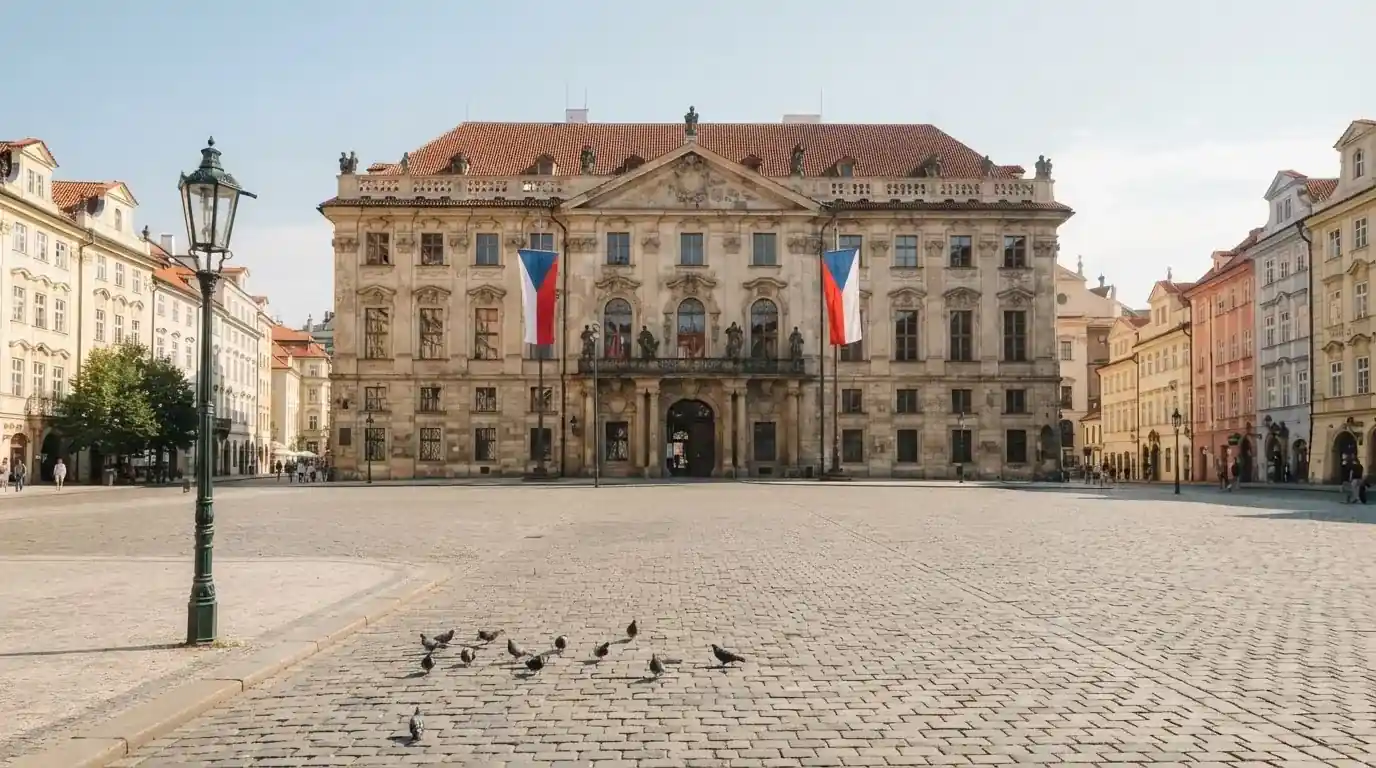 Historická úřední budova s vlajkami na slunečném náměstí — casino okamžitý výběr