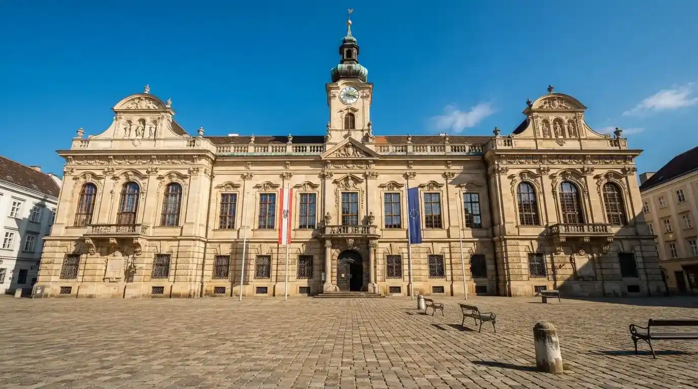 Historická úřední budova s vlajkami na slunečném náměstí — casino platba paysafecard