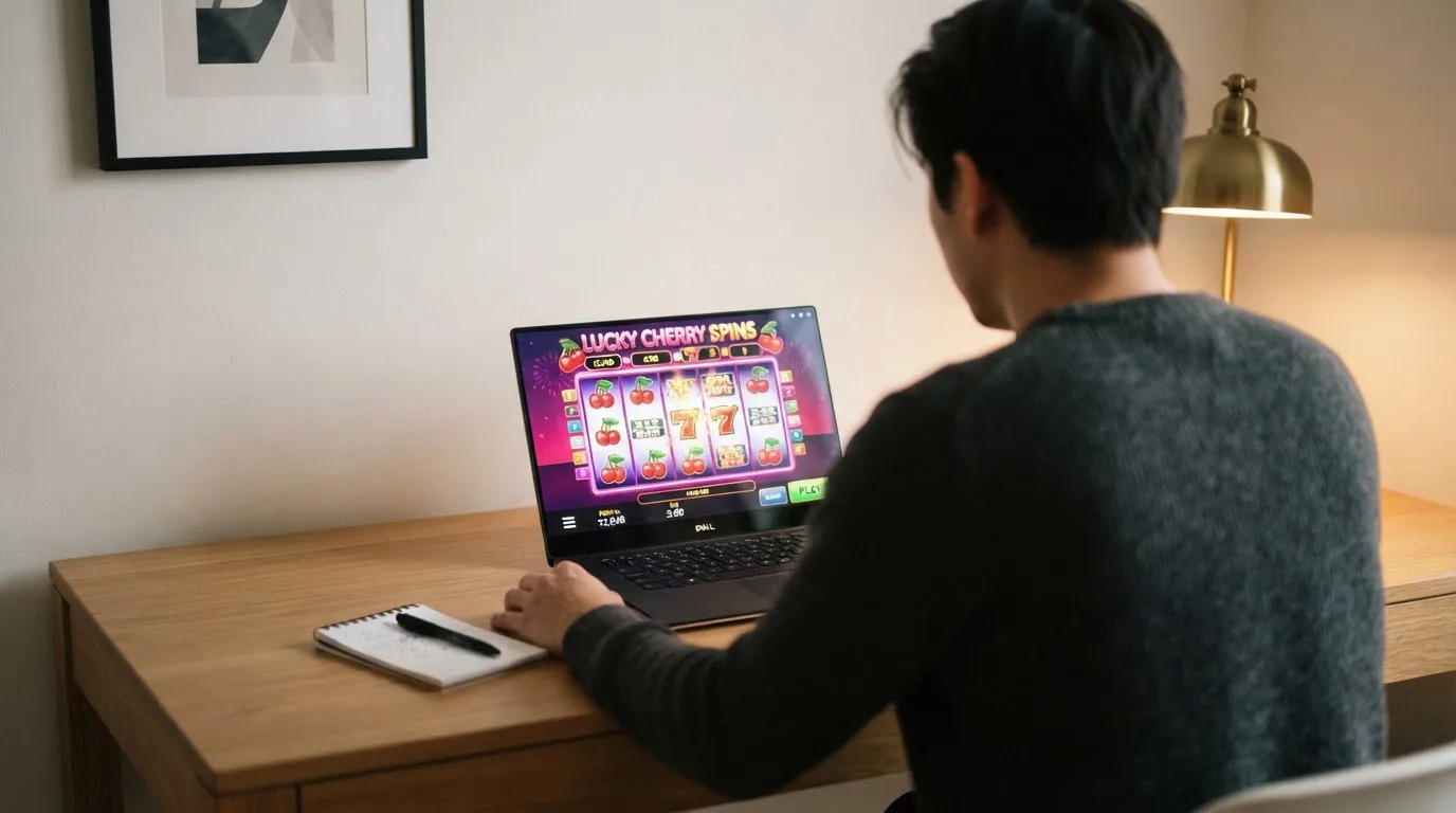 Člověk u notebooku čte informační stránku o online hazardu v Česku — casino platba paysafecard
