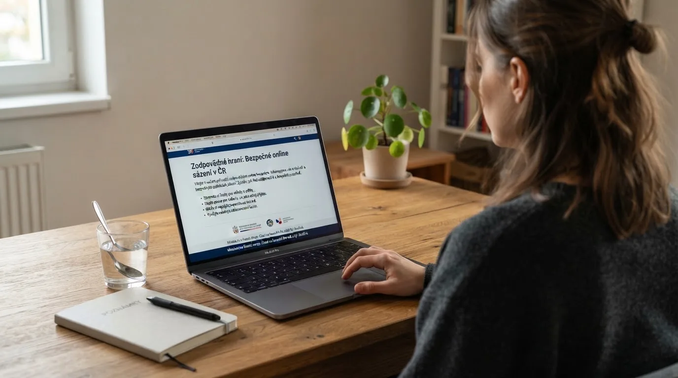 Člověk u notebooku čte informační stránku o online hazardu v Česku — hrací automaty hrací automaty zdarma online