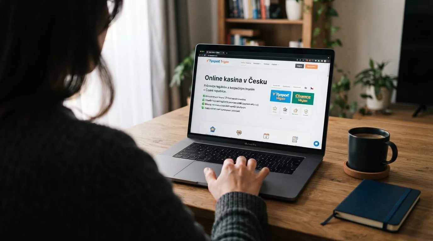 Člověk u notebooku čte informační stránku o online hazardu v Česku — hrací automaty zdarma ke stažení