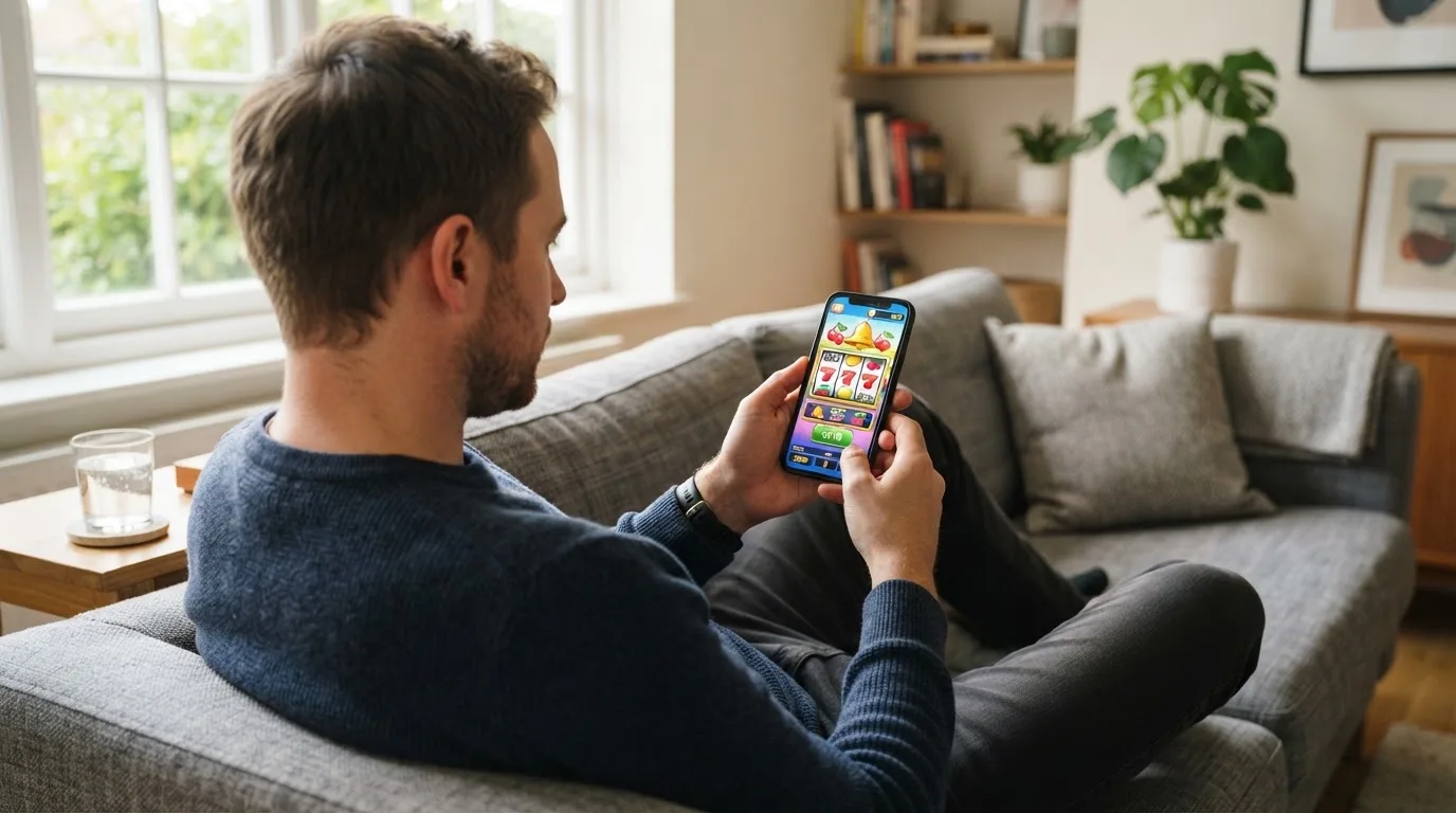 Muž sedí na gauči a poprvé otevírá herní aplikaci na chytrém telefonu.