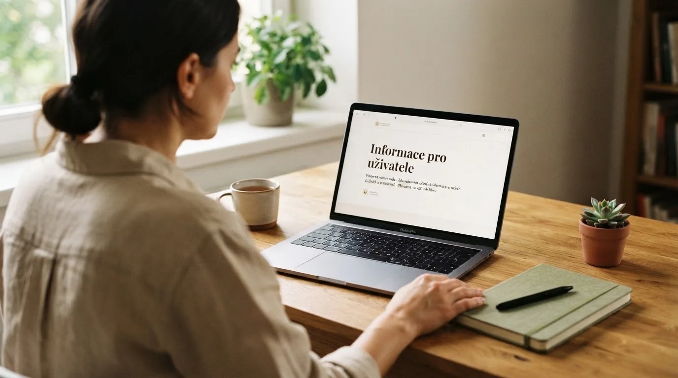 Člověk u notebooku čte informační stránku o online hazardu v Česku — live blackjack pro české hráče