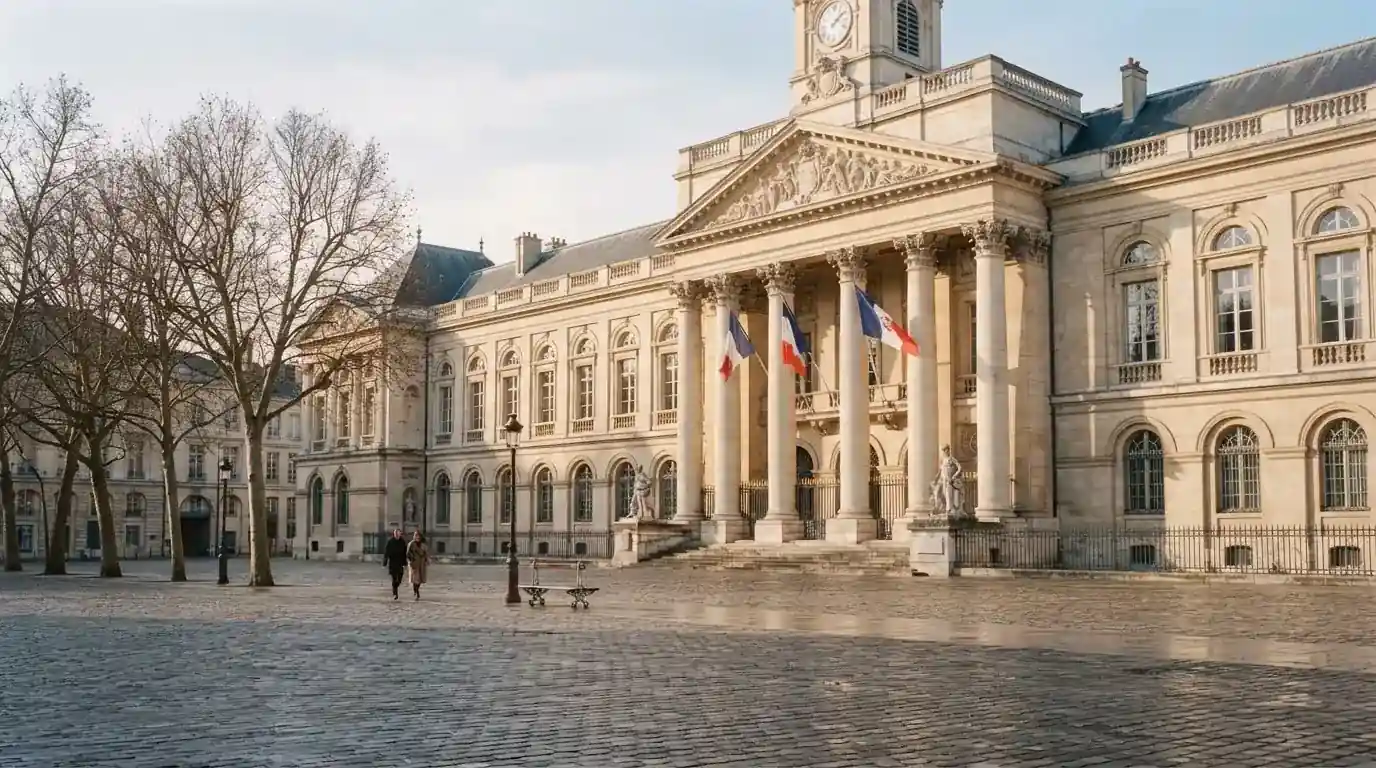 Historická úřední budova s vlajkami na slunečném náměstí — live ruleta CZ s česky mluvícími krupiéry