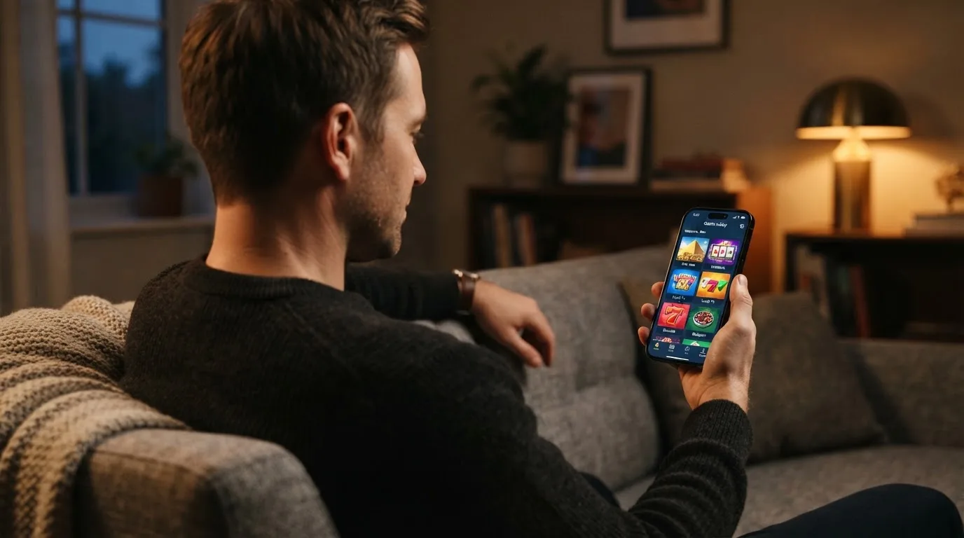 Muž sedí na gauči a poprvé otevírá aplikaci na chytrém telefonu večer.