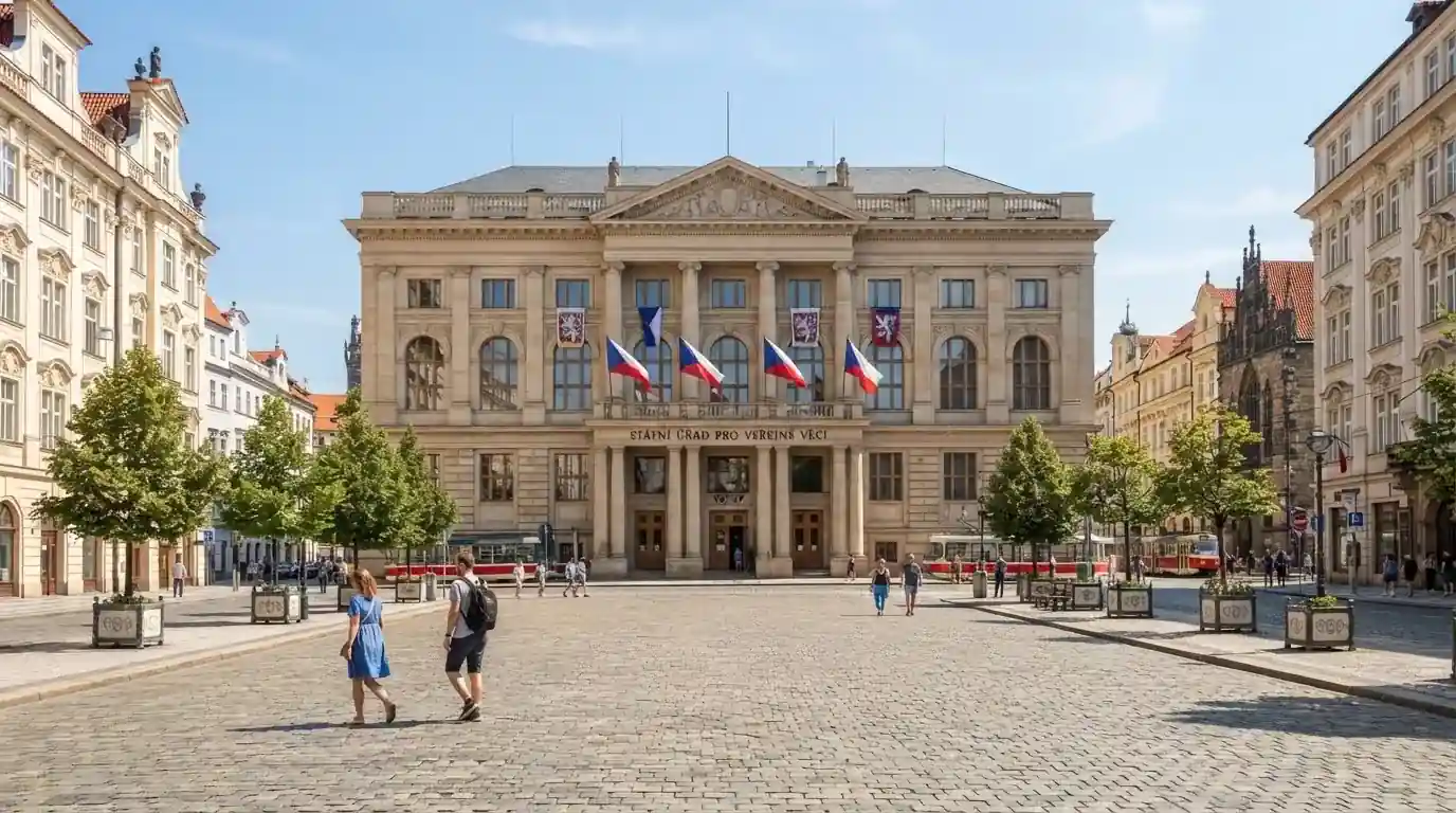 Historická úřední budova s vlajkami na slunečném náměstí — nejlepší automaty online za peníze