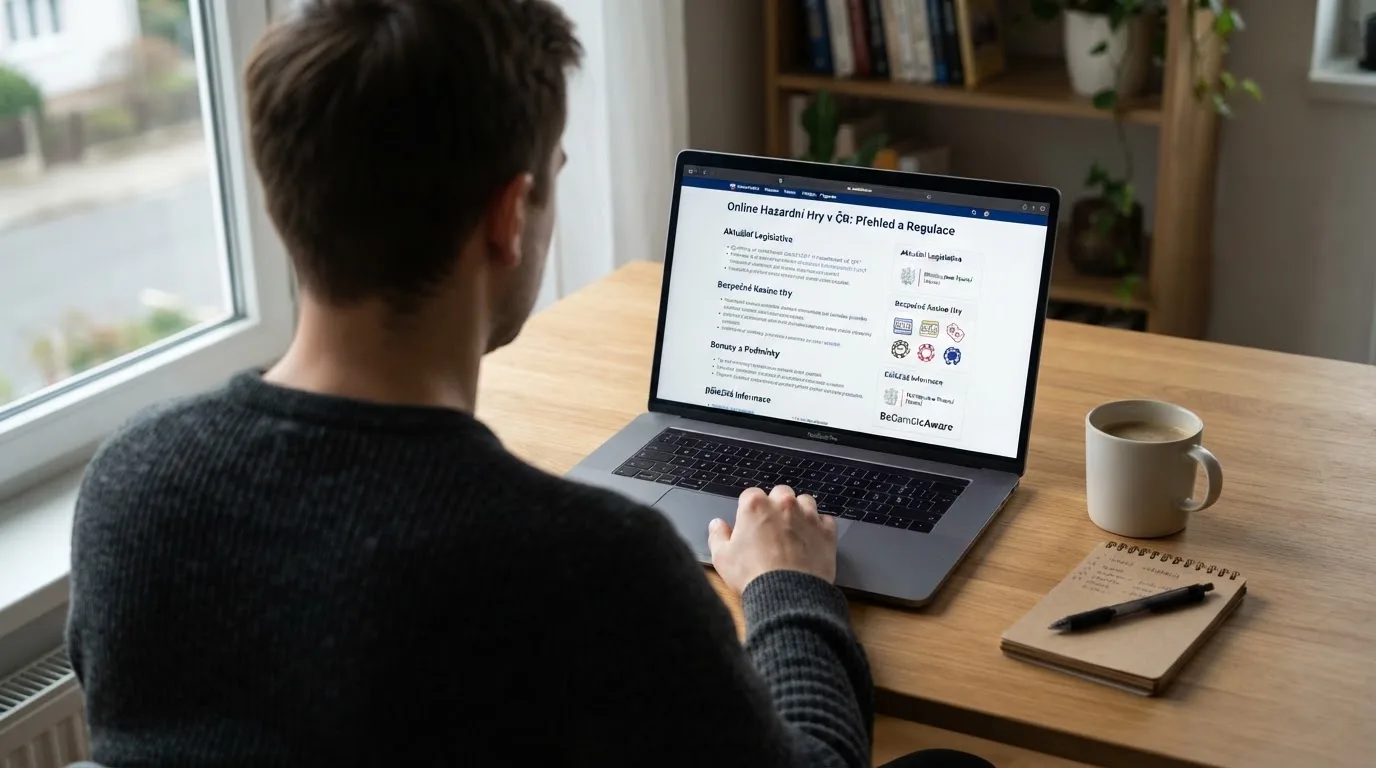 Člověk u notebooku čte informační stránku o online hazardu v Česku — nejlepší automaty online za peníze