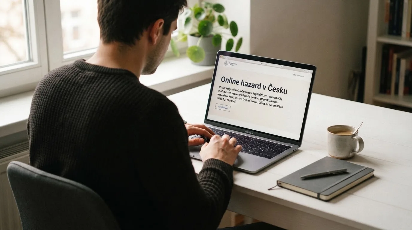 Člověk u notebooku čte informační stránku o online hazardu v Česku — nejlepší krypto casino pro české hráče