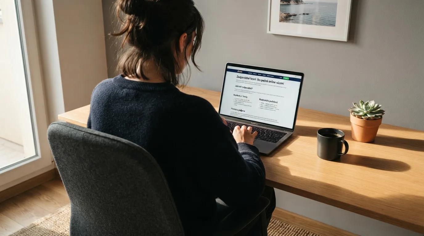 Člověk u notebooku čte informační stránku o online hazardu v Česku — nejlepší krypto kasina cz