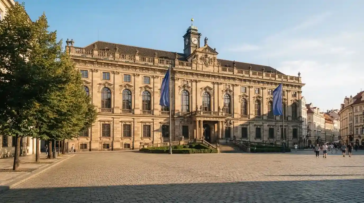 Historická úřední budova s vlajkami na slunečném náměstí — nejlepší mobilní online kasino česká republika