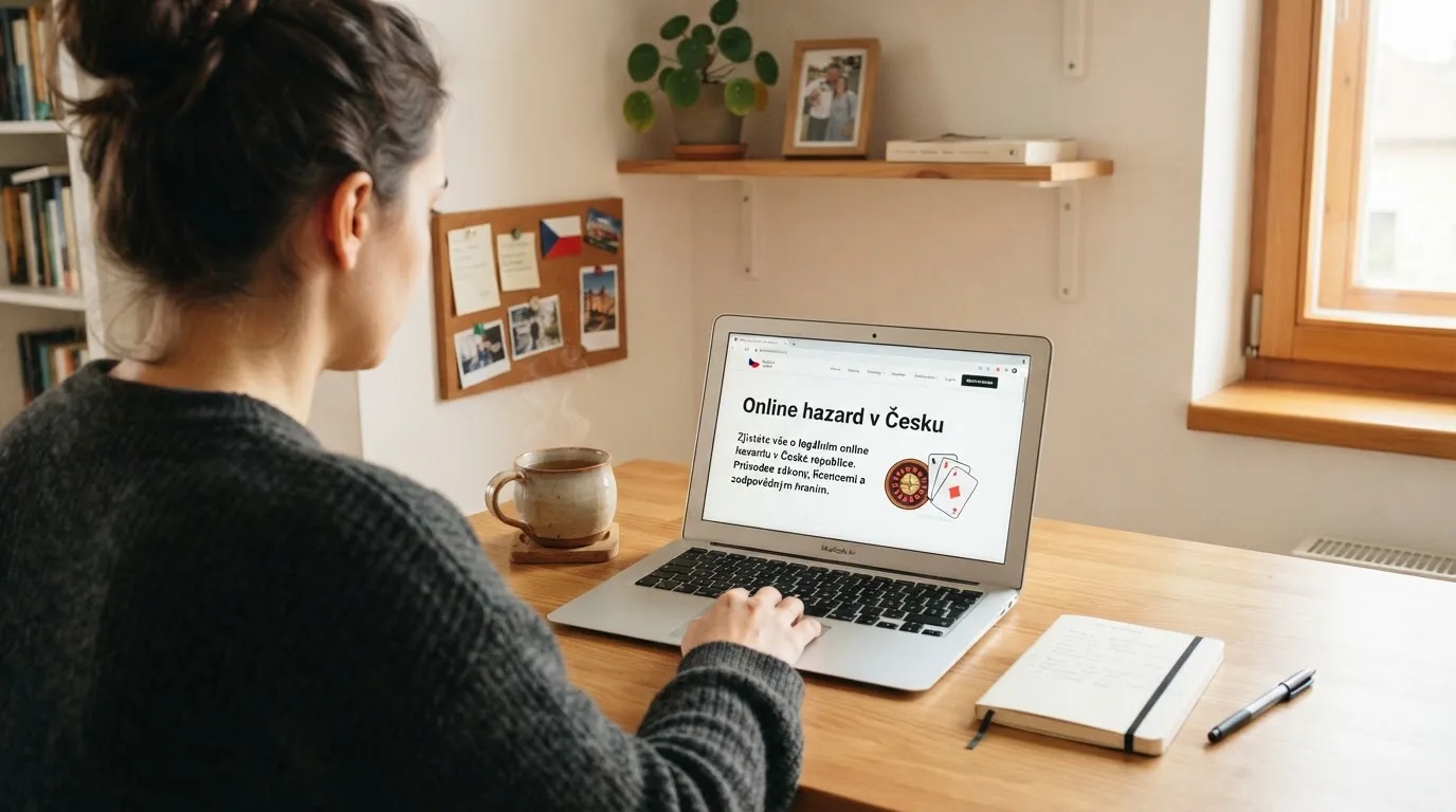 Člověk u notebooku čte informační stránku o online hazardu v Česku — nejlepší mobilní online kasino česká republika