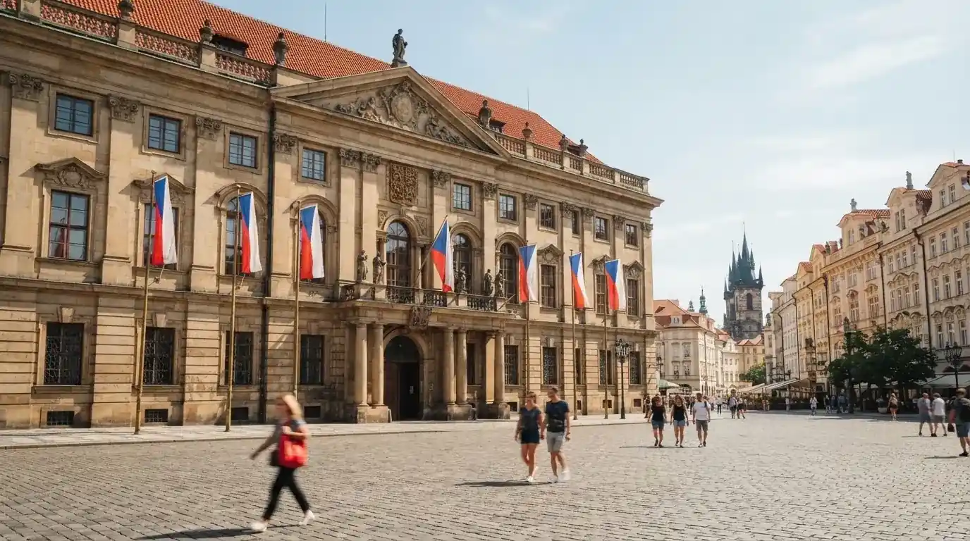 Historická úřední budova s vlajkami na slunečném náměstí — nejlepší online casino CZ