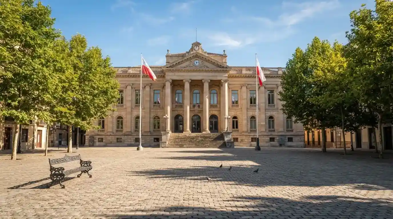 Historická úřední budova s vlajkami na slunečném náměstí — nejlepší online casino za peníze