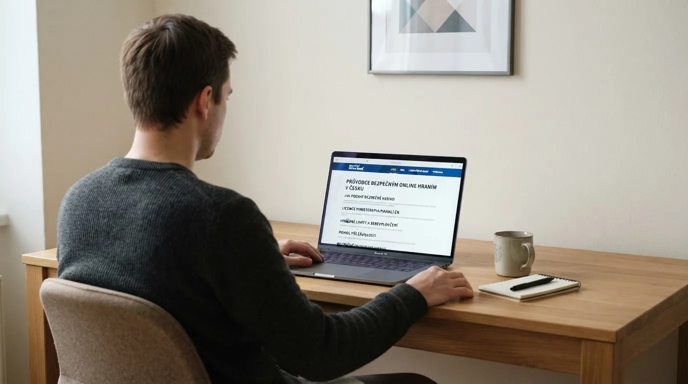 Člověk u notebooku čte informační stránku o online hazardu v Česku — nejlepší online casino za peníze