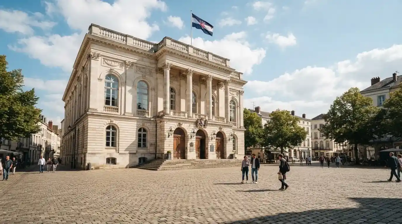 Kamenná budova se sloupy a vlajkou stojí na náměstí za slunečného dne.