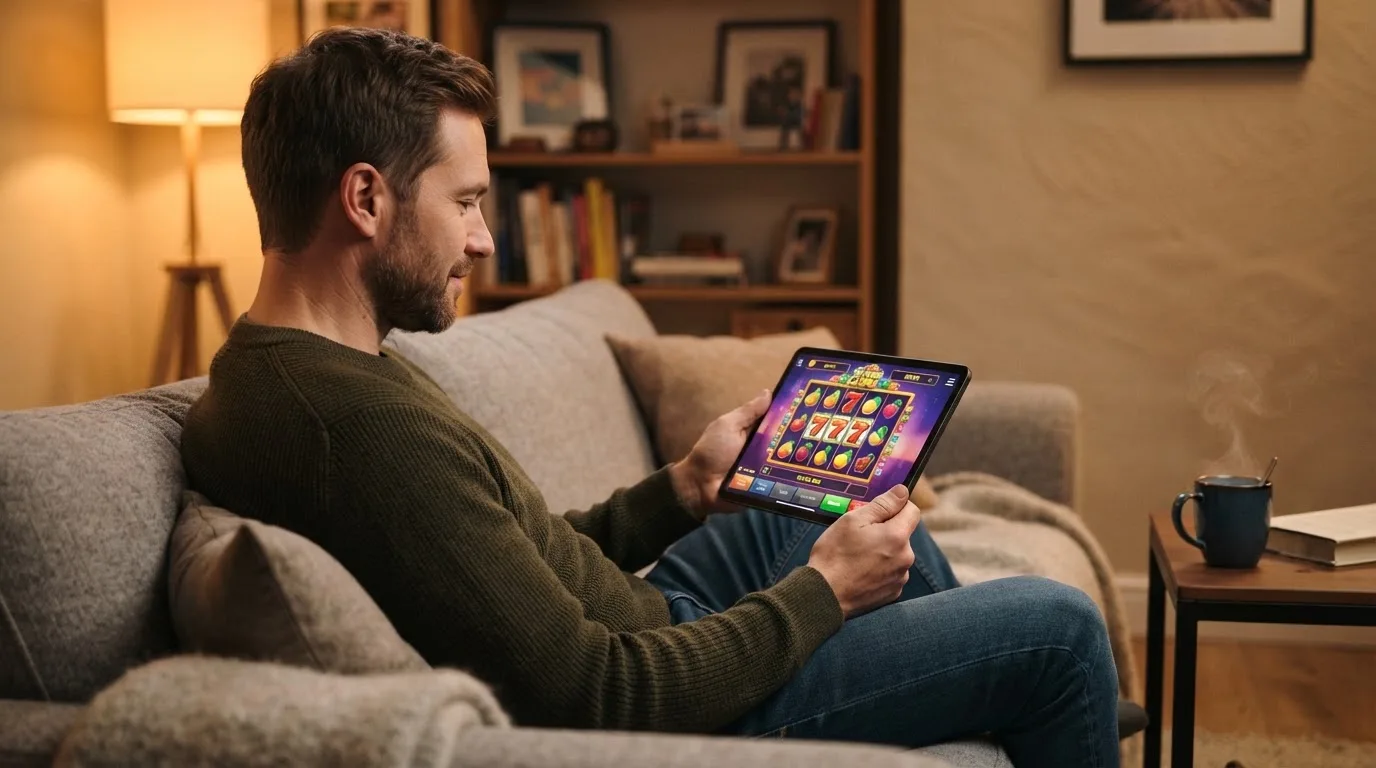 Muž sedí na gauči a poprvé zapíná herní aplikaci na tabletu.